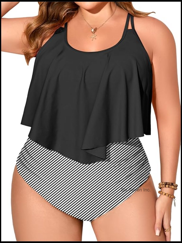 Plus Size Tankini 2 Piece Swimsuit Tummy Control High Waist Shorts Flowy Ruffle